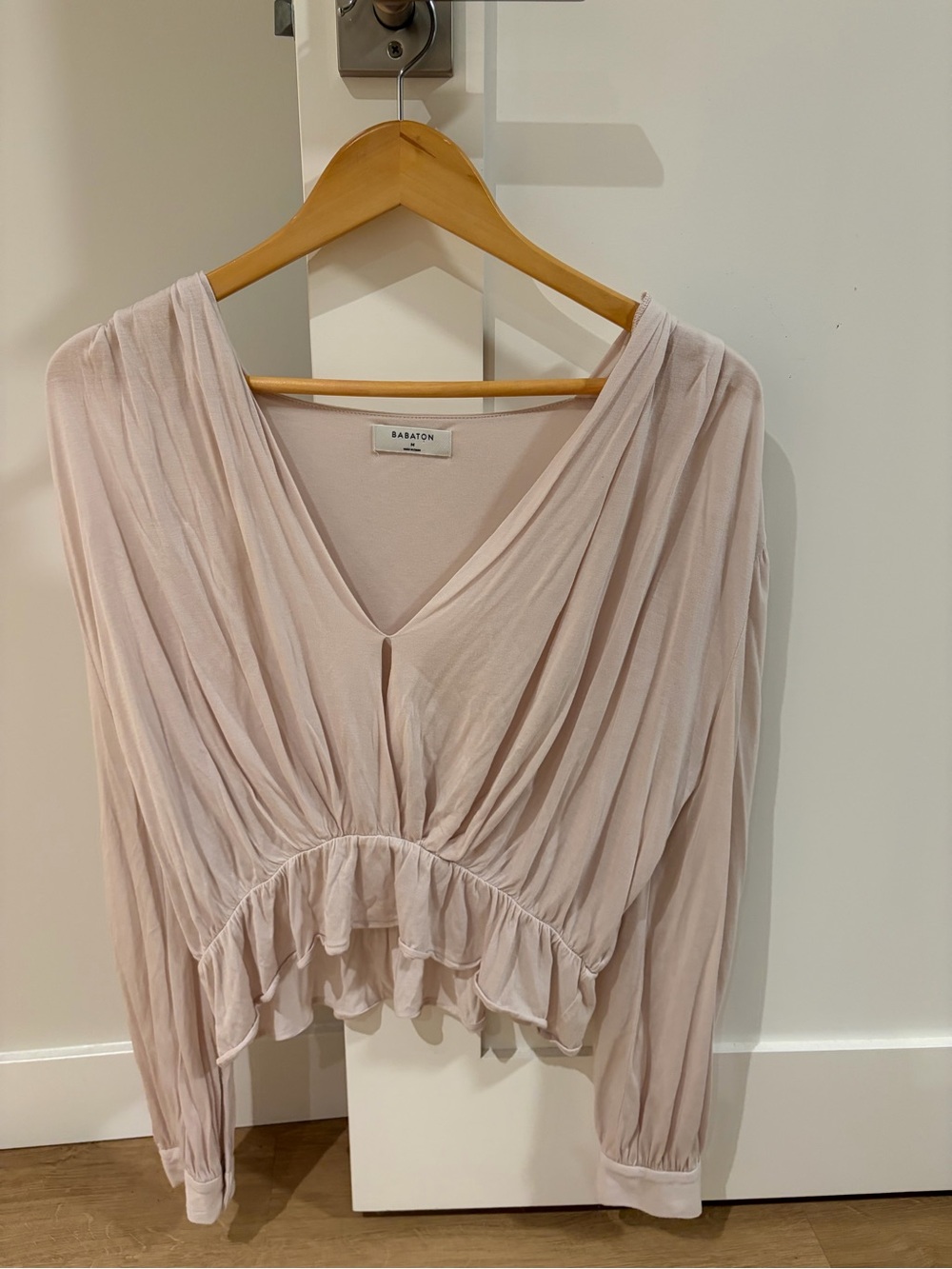 Babaton Blush Gathered V-Neck Ruffle Hem Blouse